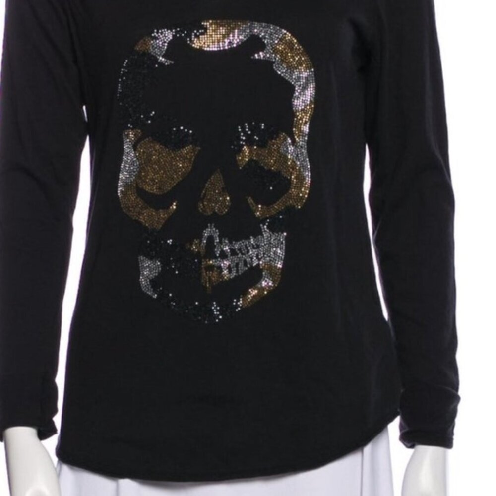 Zadig & Voltaire Vedy Crystals Skull Henley Cotton Top T Shirt Knit Long Sleeve
